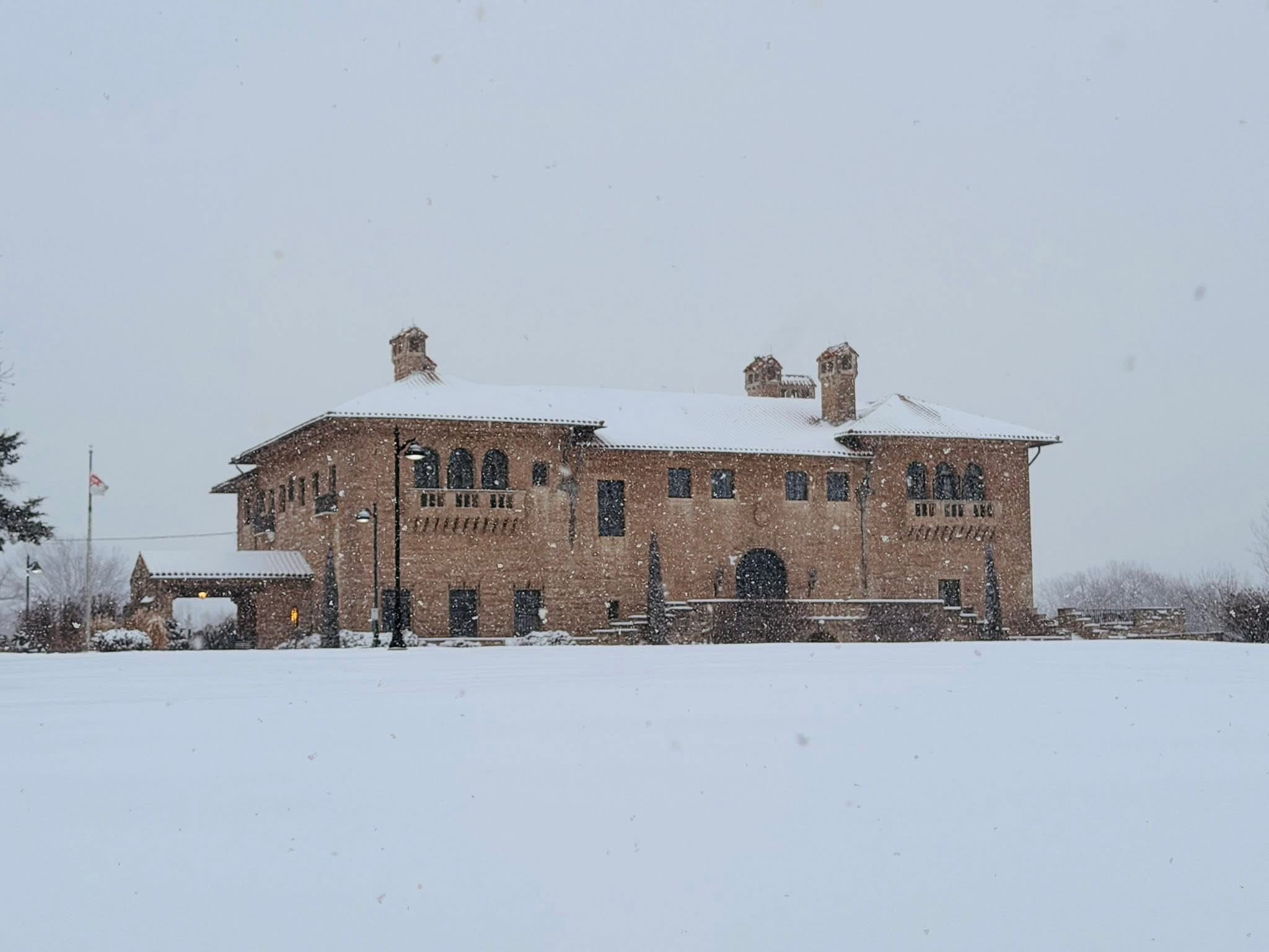 Marland Mansion in falling snow